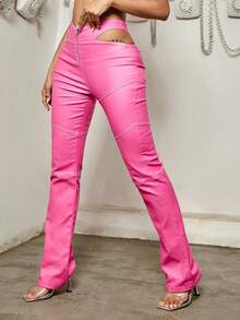 Apperloth A Seam Detail Cut Out Zip Fly Pu Leather Flare Pants