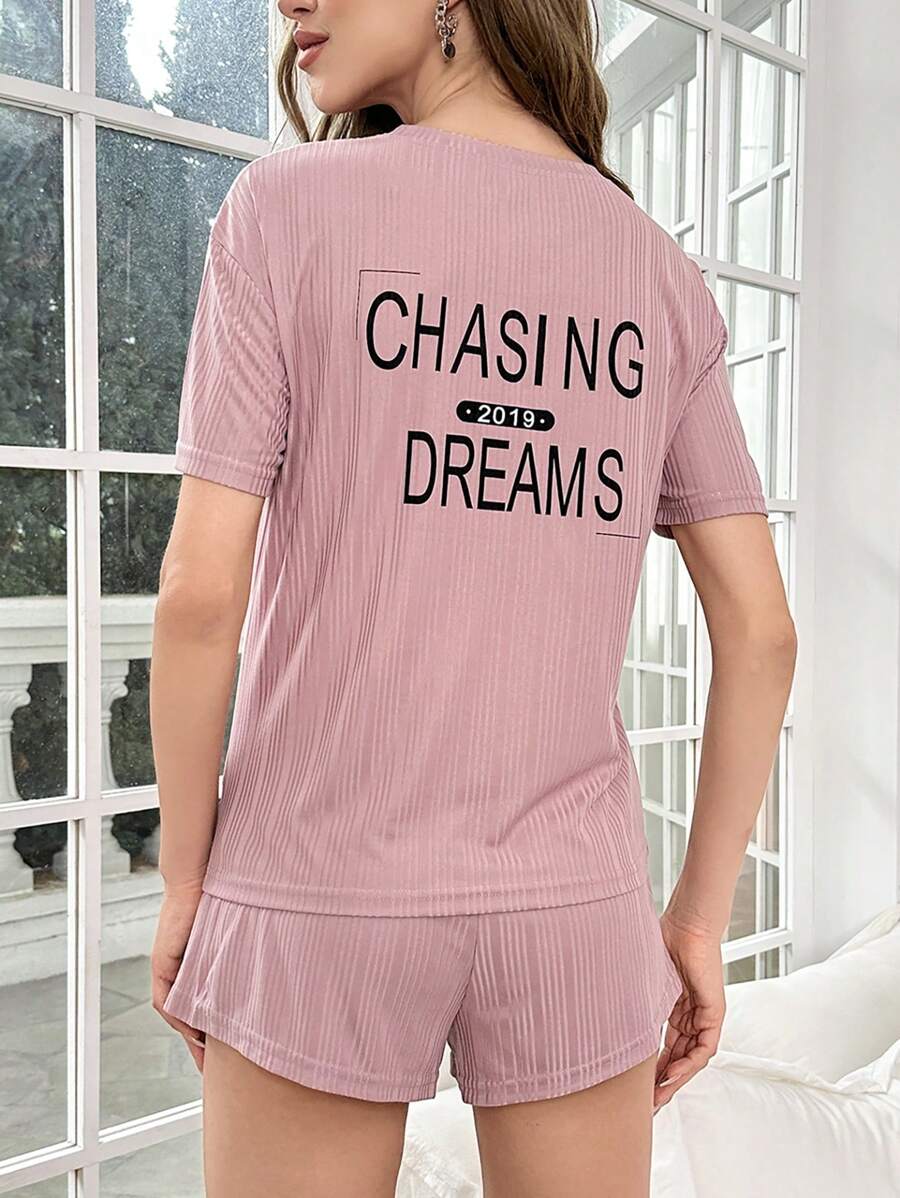 Letter Graphic Ribbed Knit Lounge Set