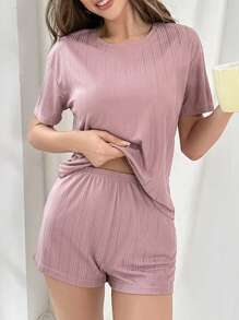 Letter Graphic Ribbed Knit Lounge Set