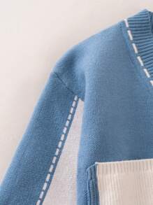 SHEIN Young Boy Contrast Panel Striped Trim Pocket Patched Cardigan - Blue - View 4