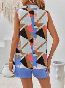SHEIN LUNE Geo Print Vest Blazer & Shorts - Multicolor - View 3
