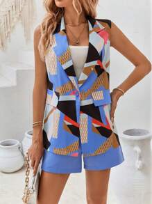 SHEIN LUNE Geo Print Vest Blazer & Shorts - Multicolor - View 4