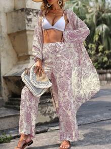 Breezaya Imprimé Manches Bouffantes Manteau & Pantalon Ample - Rose bonbon - Voir 4