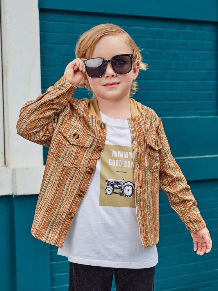 Young Boy Striped Flap Pocket Hooded Corduroy Shirt