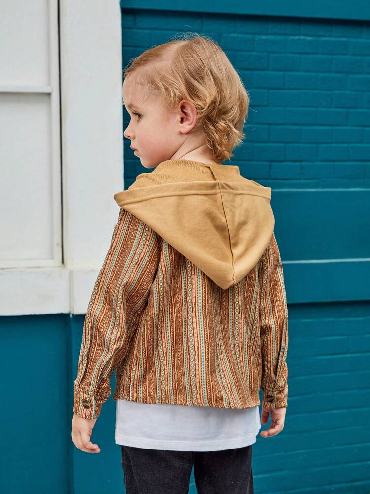 Young Boy Striped Flap Pocket Hooded Corduroy Shirt