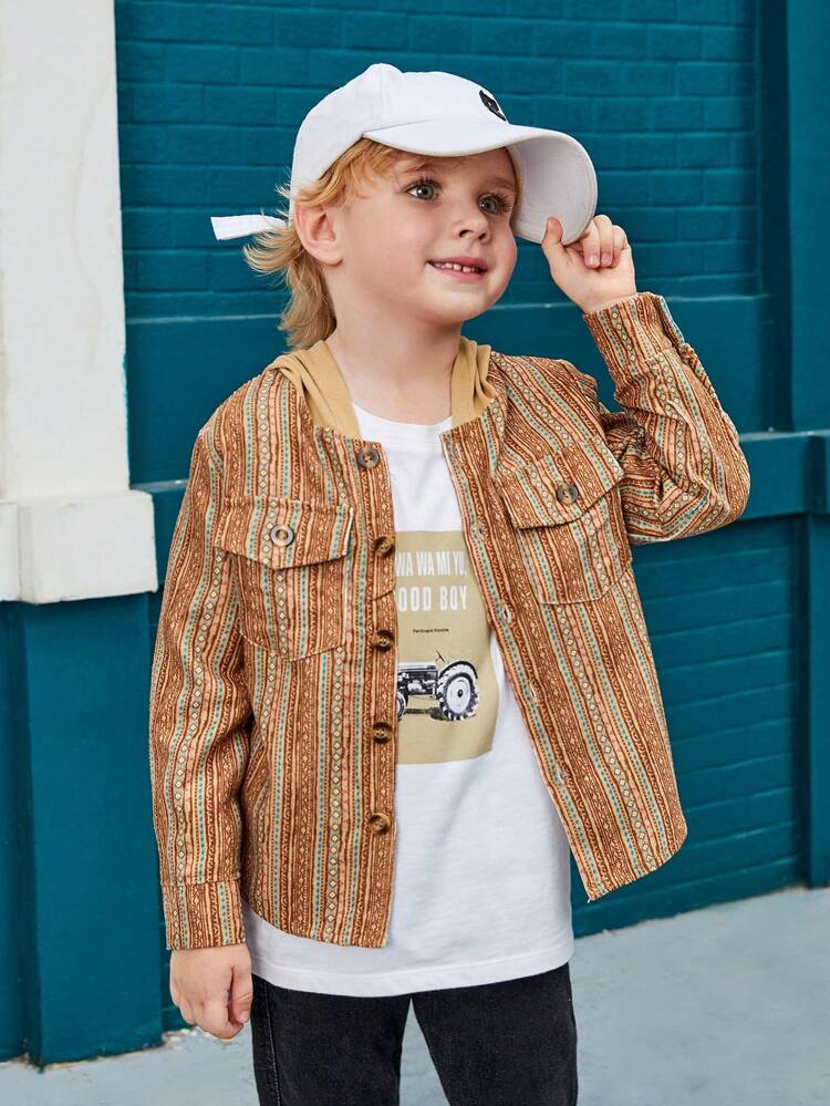 Young Boy Striped Flap Pocket Hooded Corduroy Shirt