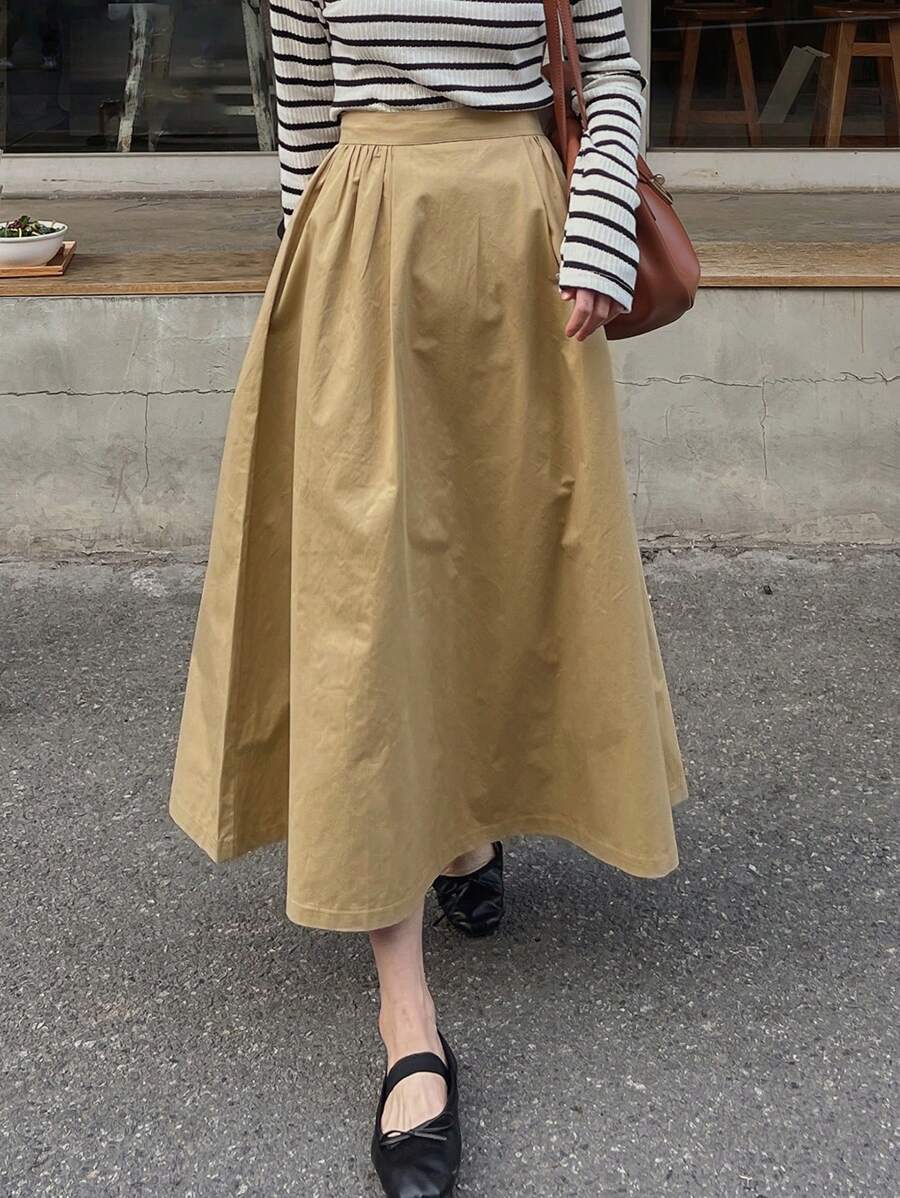 DAZY Falda unicolor de cintura con fruncido - Caqui - Ver 1