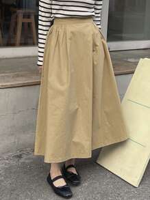 DAZY Falda unicolor de cintura con fruncido - Caqui - Ver 3
