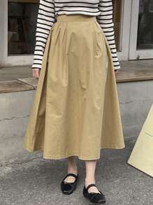 DAZY Falda unicolor de cintura con fruncido - Caqui - Ver 4