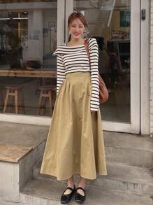 DAZY Falda unicolor de cintura con fruncido - Caqui - Ver 5