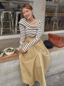 DAZY Falda unicolor de cintura con fruncido - Caqui - Ver 8