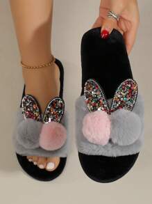 de mujeres Divertido Zapatillas con brillar con pompón Decoración - Gris - Ver 1