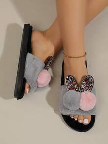 de mujeres Divertido Zapatillas con brillar con pompón Decoración - Gris - Ver 2