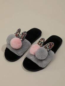de mujeres Divertido Zapatillas con brillar con pompón Decoración - Gris - Ver 3