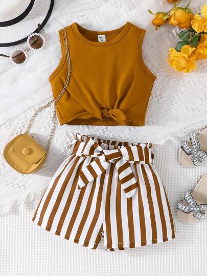 SHEIN 女小童下擺打結背心上衣&條紋圖案紙袋腰附腰帶短褲