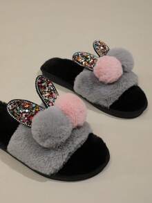 de mujeres Divertido Zapatillas con brillar con pompón Decoración - Gris - Ver 4