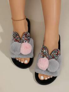de mujeres Divertido Zapatillas con brillar con pompón Decoración - Gris - Ver 5