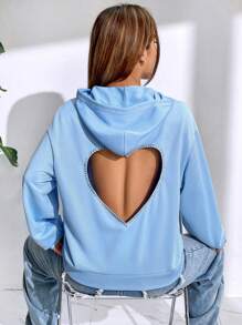 SHEIN Qutie Heart Cut Out Back Drop Shoulder Hoodie - Blue - View 2
