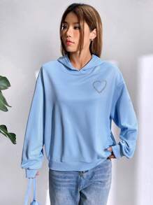 SHEIN Qutie Heart Cut Out Back Drop Shoulder Hoodie - Blue - View 6