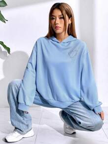 SHEIN Qutie Heart Cut Out Back Drop Shoulder Hoodie - Blue - View 7