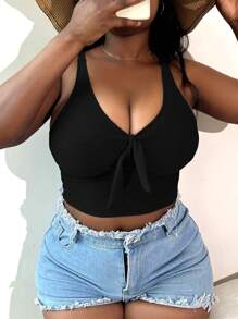 SHEIN Swim Curve 大碼前打結比基尼泳裝上衣 - 黑色 - 查看 3