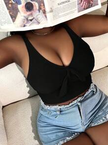 SHEIN Swim Curve 大碼前打結比基尼泳裝上衣 - 黑色 - 查看 5
