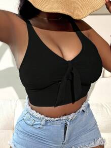 SHEIN Swim Curve 大碼前打結比基尼泳裝上衣 - 黑色 - 查看 6