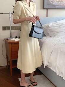 DAZY 素色雙排釦襯衫連衣裙 - 黃色 - 查看 7