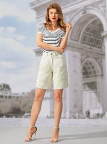 SHEIN Frenchy Solid Pocket Patched Denim Shorts Summer