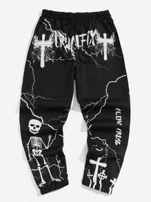 ROMWE MEN Goth Guys Letter & Skull Print Pants - Black - View 1