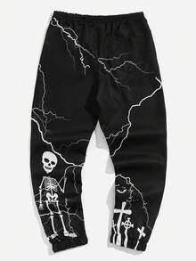 ROMWE MEN Goth Guys Letter & Skull Print Pants - Black - View 2