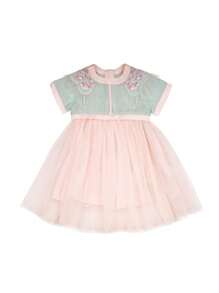 Young Girl Floral Embroidery Mesh Overlay Dress - Multicolor - View 1