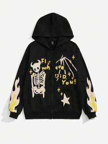 ROMWE MEN Goth Men Slogan & Skeleton Print Zip Up Hoodie - Black - View 1