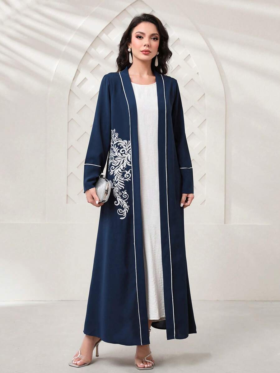 Al Najma Floral Print Contrast Binding Abaya, Modest Robe - Navy Blue - View 1