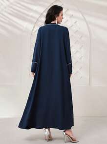 Al Najma Floral Print Contrast Binding Abaya, Modest Robe - Navy Blue - View 2
