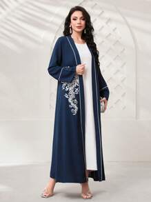 Al Najma Floral Print Contrast Binding Abaya, Modest Robe - Navy Blue - View 3