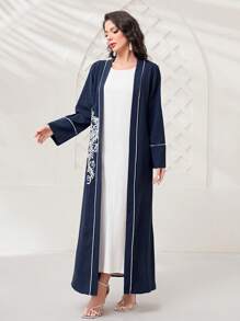Al Najma Floral Print Contrast Binding Abaya, Modest Robe - Navy Blue - View 4