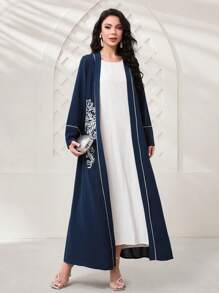 Al Najma Floral Print Contrast Binding Abaya, Modest Robe - Navy Blue - View 6