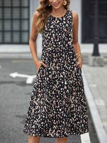 SHEIN LUNE 滿版印花隱藏口袋連衣裙 - 黑色 - 查看 1