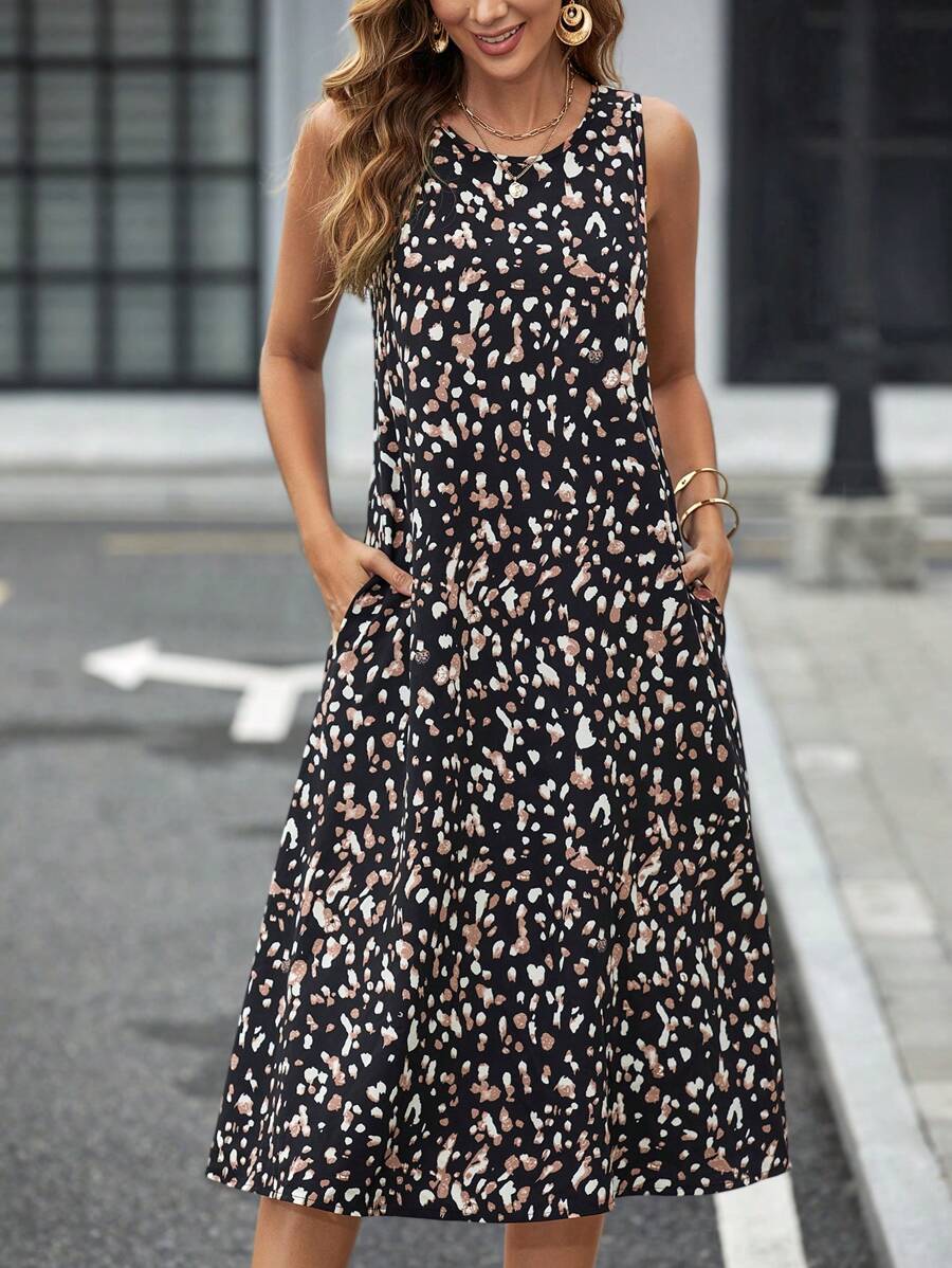 SHEIN LUNE 滿版印花隱藏口袋連衣裙 - 黑色 - 查看 1