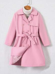 SHEIN 女小童1入組雙排釦腰帶風衣外套 - 淺粉色 - 查看 1