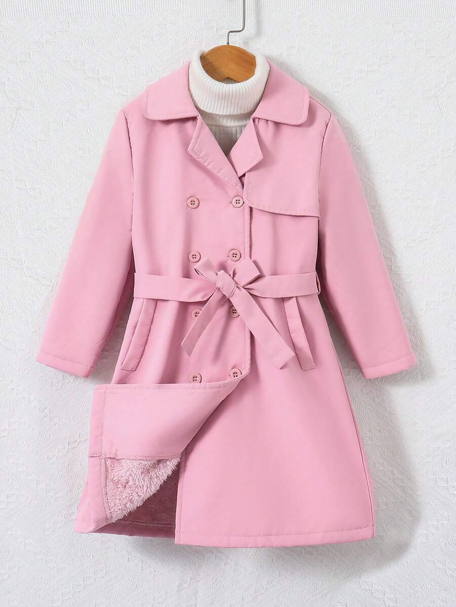 SHEIN 女小童1入組雙排釦腰帶風衣外套 - 淺粉色 - 查看 1