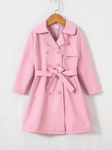 SHEIN 女小童1入組雙排釦腰帶風衣外套 - 淺粉色 - 查看 8