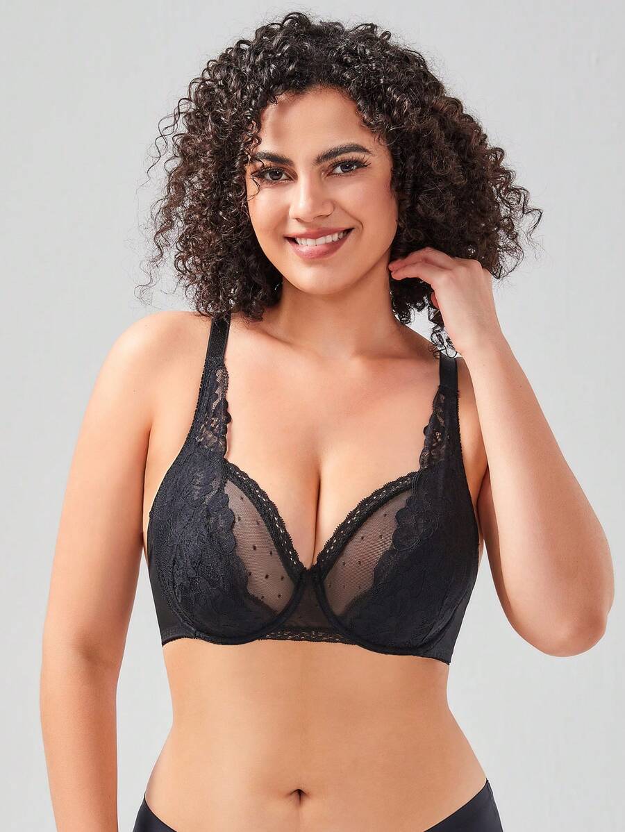Plus Floral Lace Underwire Bra - Black - View 1