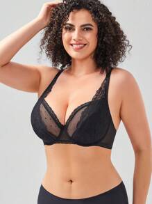 Plus Floral Lace Underwire Bra - Black - View 3