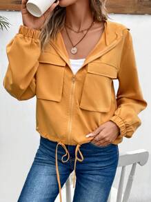 SHEIN Essnce 翻蓋口袋抽繩下擺連帽夾克 - 卡其色 - 查看 4