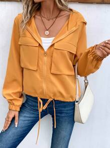 SHEIN Essnce 翻蓋口袋抽繩下擺連帽夾克 - 卡其色 - 查看 5