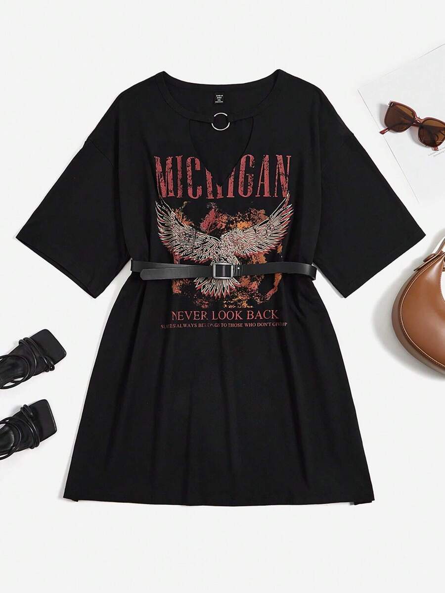 SHEIN EZwear Plus Eagle & Letter Graphic Cut Out Front Drop Shoulder Tee Dress Without Belt - Black - View 1