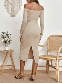 SHEIN Thai sản Off Shoulder Váy có thắt lưng - Màu Khaki - Xem 2