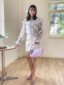 DAZY In hoa Viền Ruffle Tay áo loe Áo sơ mi - Nhiều màu - Xem 7